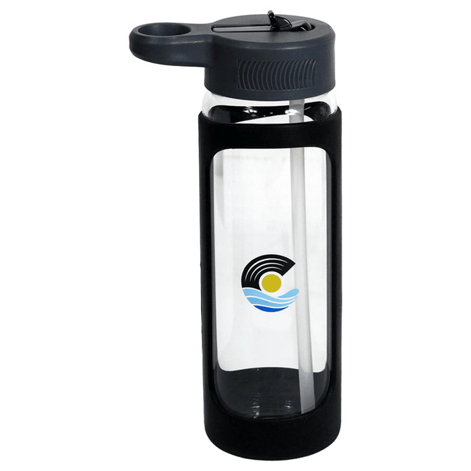 A drink bottle made of clear glass with a black silicone cover, featuring a logo on the side and a grey lid.
