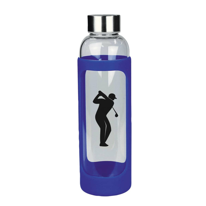 A drink bottle featuring a glass body and blue silicone cover, with a black silhouette design of a golfer.