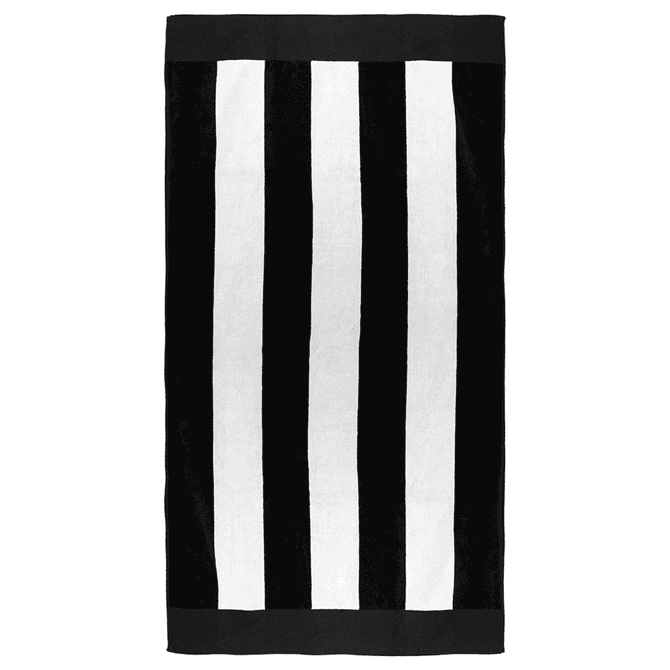 A striped beach towel featuring alternating black and white hues, with a border. It includes branding.