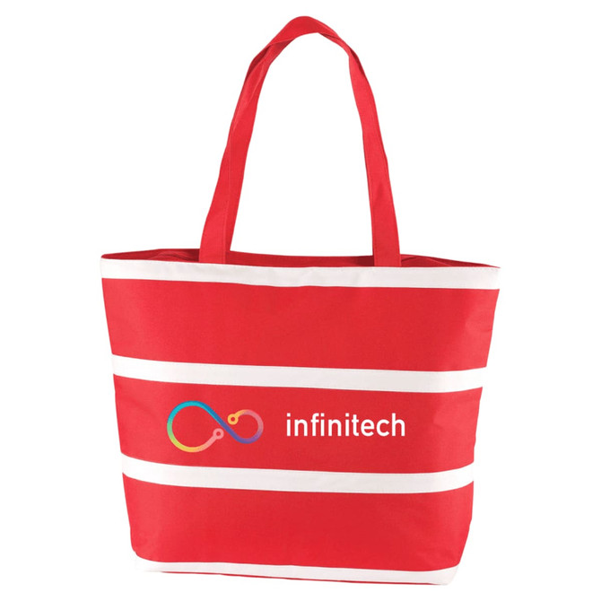 A red insulated cooler bag with white stripes and handles, featuring a logo on the front.