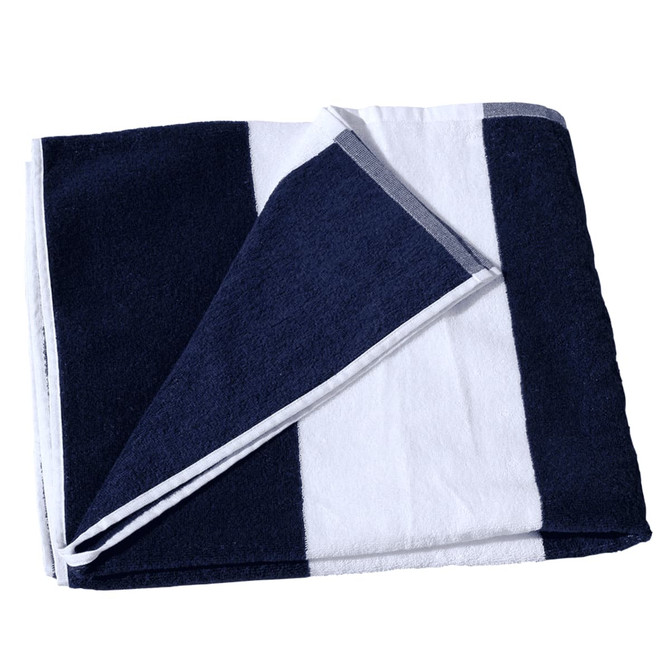 A cotton beach towel featuring navy blue and white stripes and a logo. The towel is neatly folded.