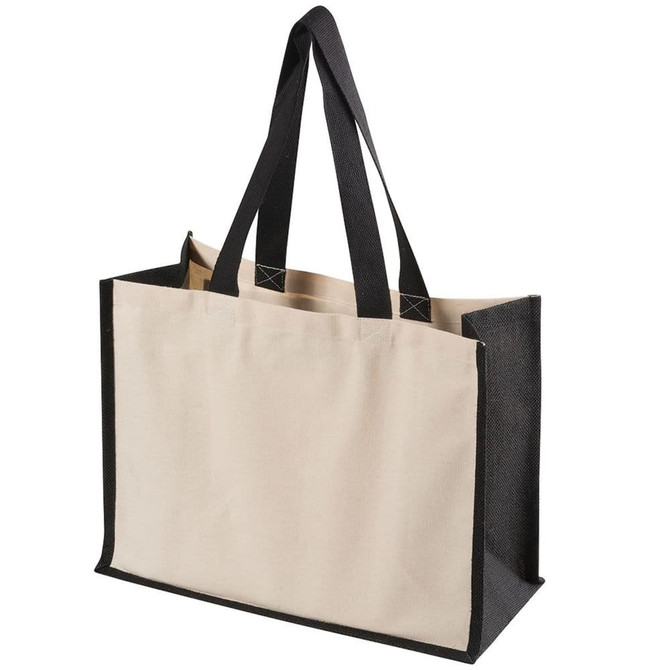 A functional tote bag with a natural and black colour scheme, featuring sturdy handles and a branded logo.