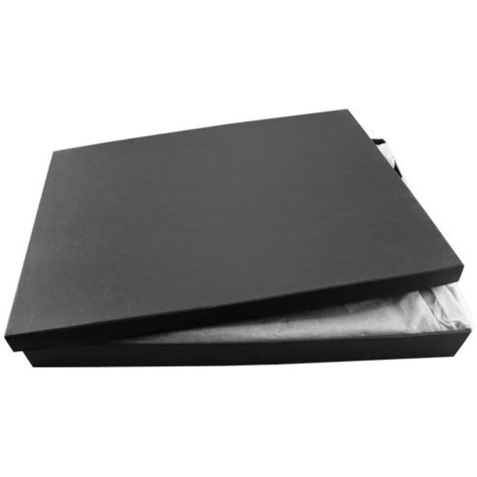 A black leather compendium with a smooth finish, featuring a subtle logo. Includes a protective interior.