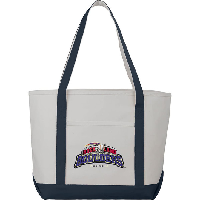 A large, premium heavy weight cotton boat tote in white with navy handles and a logo on the front.