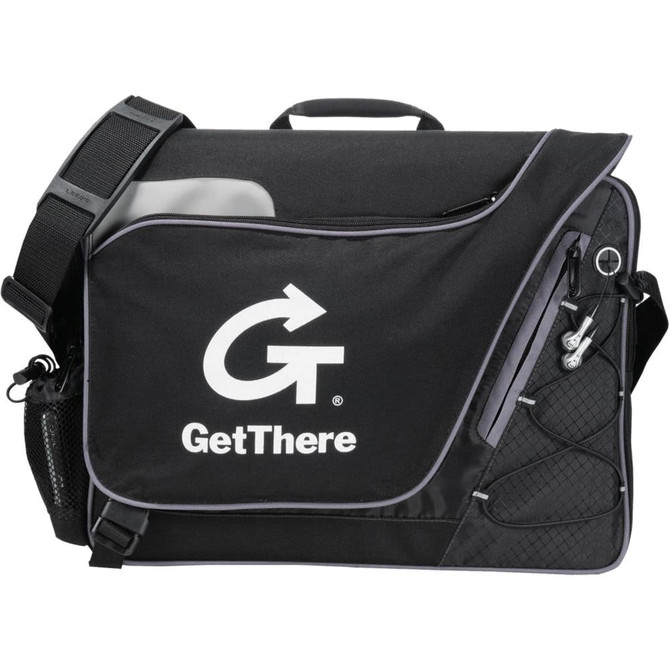 A black laptop bag with a shoulder strap, featuring a logo and various compartments for storage.