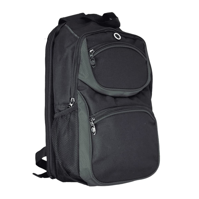 A black and grey backpack featuring multiple zippered pockets and a mesh side pocket, with branding visible.