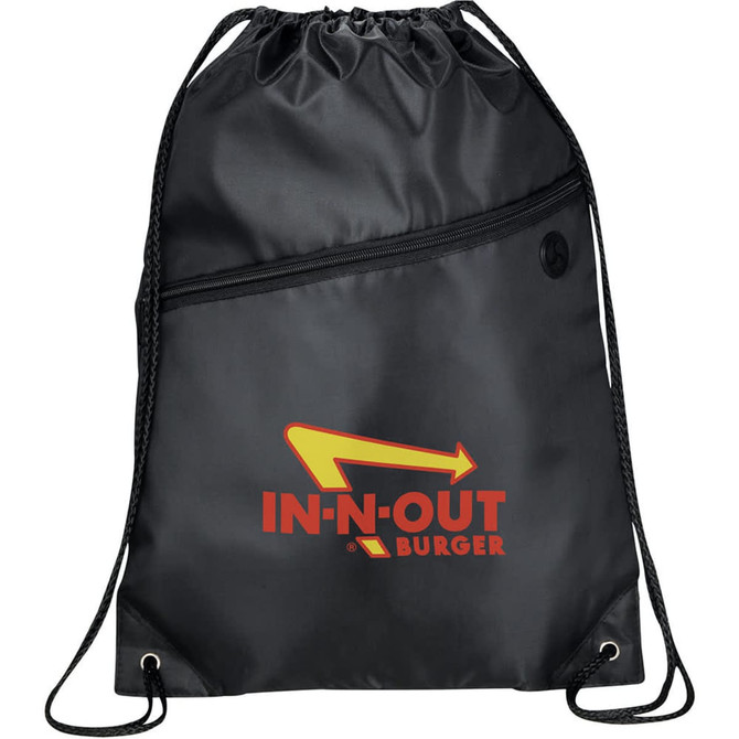 A black drawstring bag featuring a zippered pocket and a logo. Made from sturdy fabric with a sleek design.