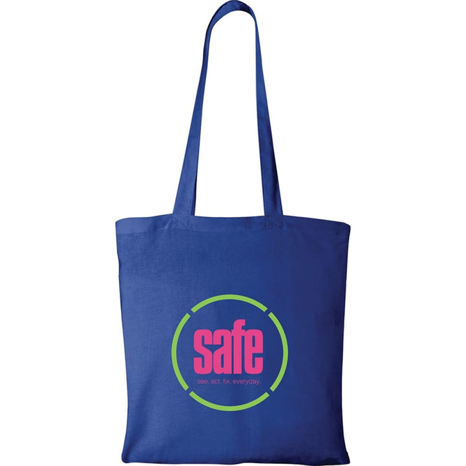 A blue canvas tote bag with a circular logo featuring the word "safe" in pink.