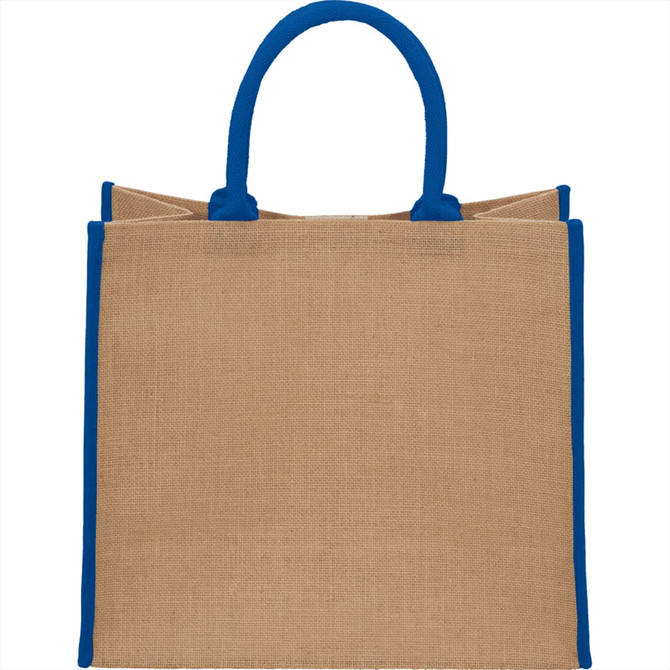 A large jute tote bag in natural brown with blue handles, featuring a logo on the front.
