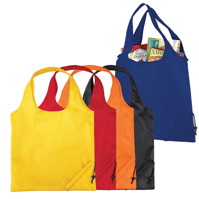 A set of foldable shopper tote bags in yellow, orange, red, black, and blue, featuring a logo on one bag.