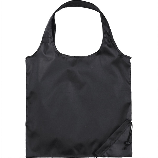 A black foldaway tote bag with a simple design and a drawstring closure, featuring a branding logo.