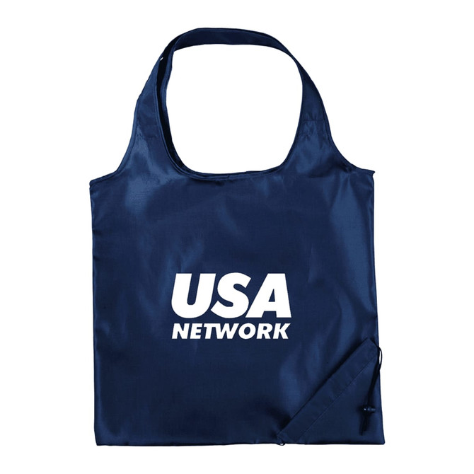 A navy foldaway tote bag with a single strap and a branding logo. It features a compact design for easy storage.
