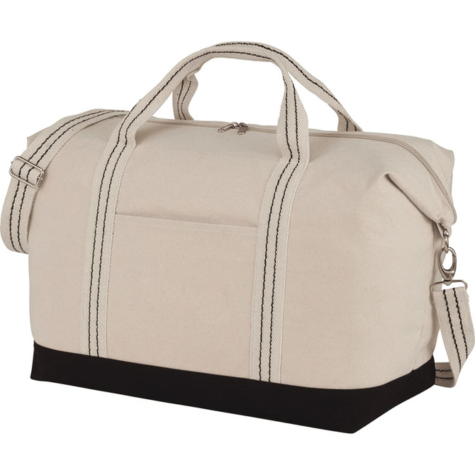A beige cotton canvas duffel bag with black bottom, featuring sturdy handles and a detachable shoulder strap.