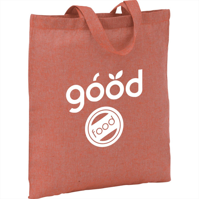 A recycled cotton twill tote in a rust colour with handles and a logo printed on the front.