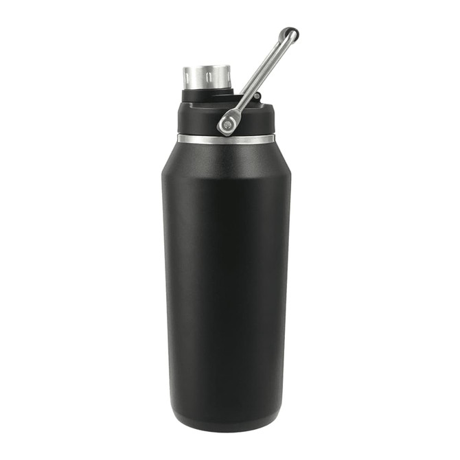 A drink bottle in matte black, featuring a stainless steel cap and a handle, designed for vacuum insulation.