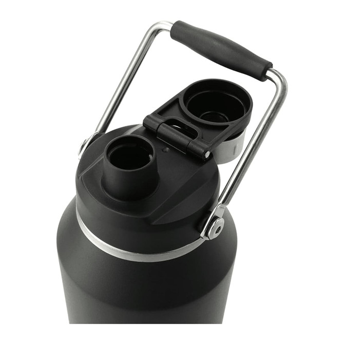 A drink bottle with a stainless steel handle, black finish, and dual opening for easy pouring.
