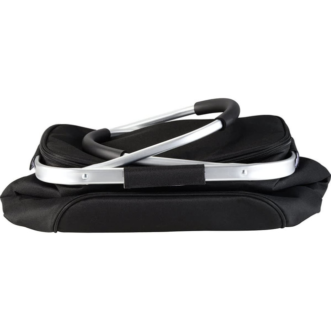 A black picnic cooler bag with a silver handle, designed for carrying food and drinks.