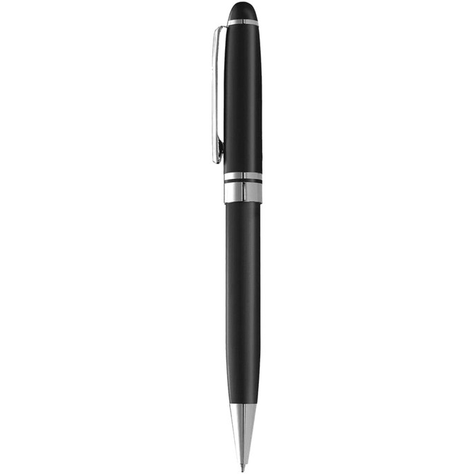 A metal ballpoint pen in black with chrome accents, featuring a clip and a rounded tip.