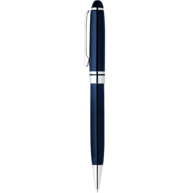 A navy blue metal ballpoint pen with silver accents and a clip, featuring a logo.