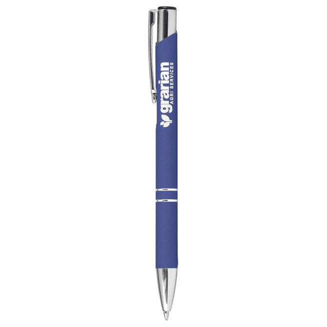A blue metal ballpoint pen with a click action mechanism and a silver clip. Features a logo on the barrel.