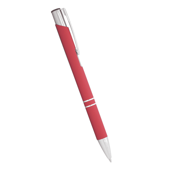 A red metal ballpoint pen with a silver clip and accents, featuring a logo.
