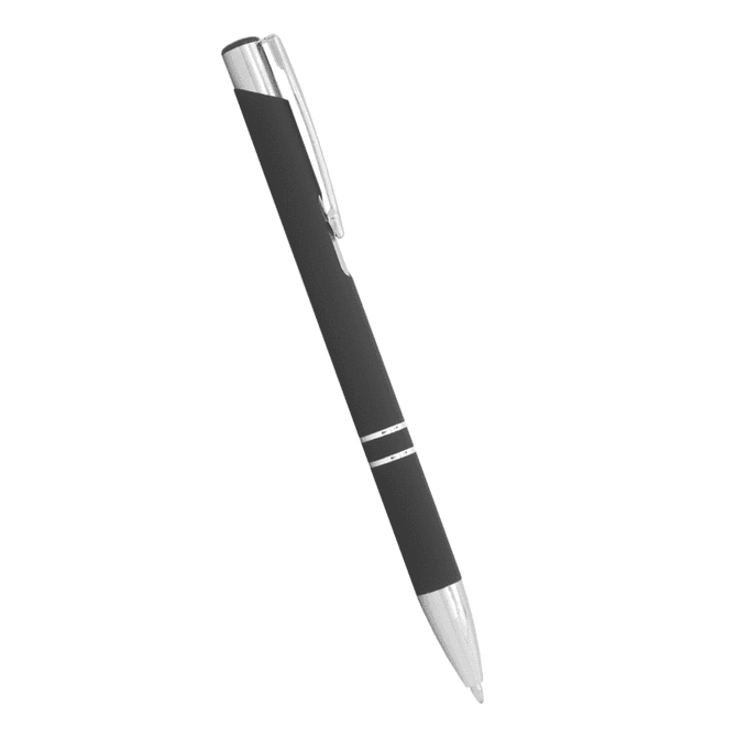 A black metal ballpoint pen with a silver clip and accents, featuring a logo on its surface.