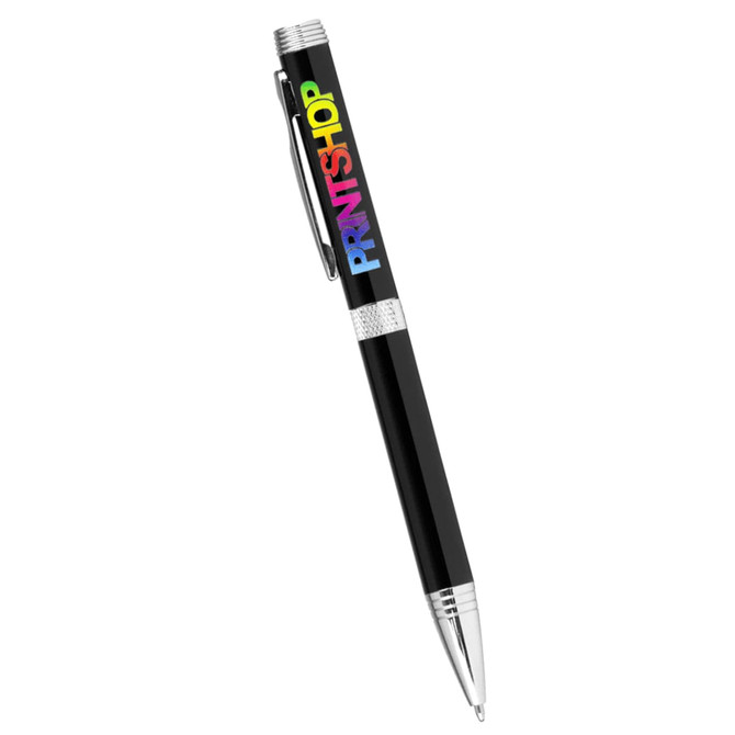 A black ballpoint pen with a twist action mechanism and a silver accent, featuring a logo.
