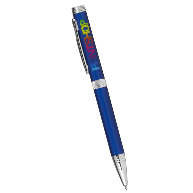 A blue metal ballpoint pen with a silver clip and a logo on the barrel.