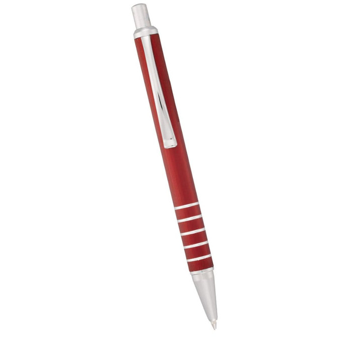 A red metal ballpoint pen with a shiny chrome clip and accents, featuring a logo on the barrel.