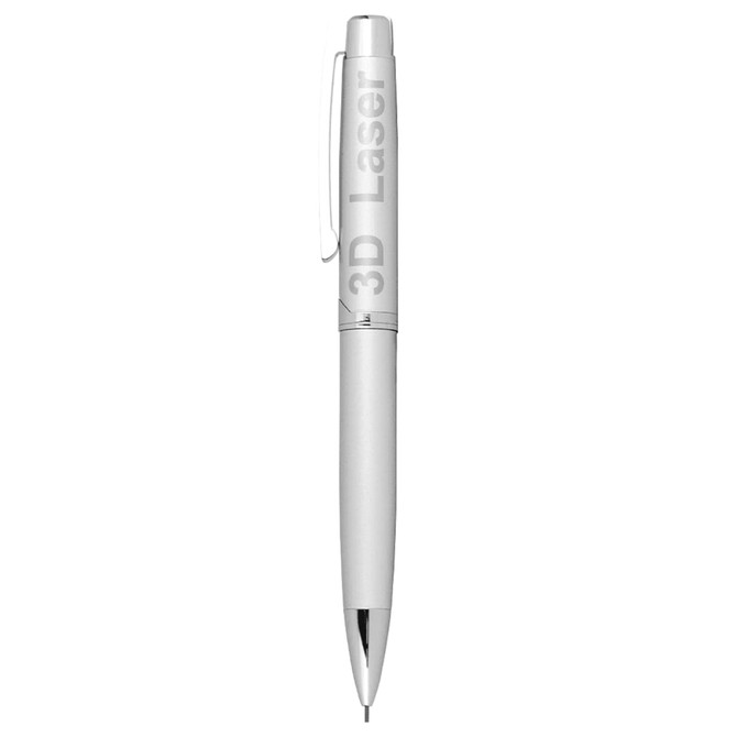 A silver twist action mechanical pencil with a clip and a branding logo on the barrel.
