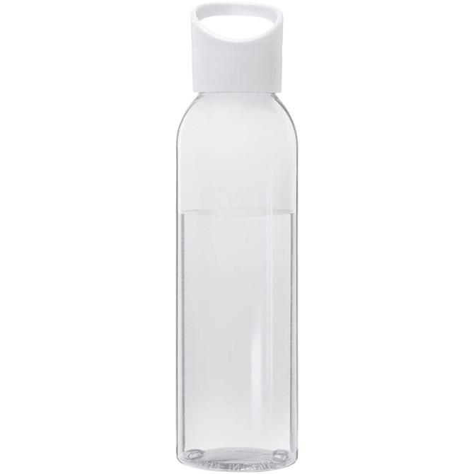 A drink bottle made of clear Tritan material with a white cap, featuring a logo.