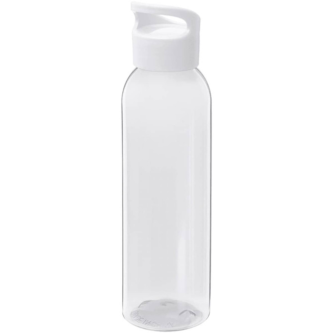 A drink bottle in clear Tritan material with a white lid, featuring a simple design and a secure cap.