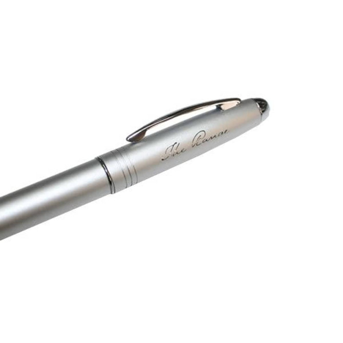 A silver metal ballpoint pen with a sleek design and a clip, featuring a logo on the barrel.
