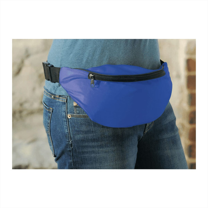 A blue bum bag with a zippered pocket, worn around the waist. Features black straps for fastening.
