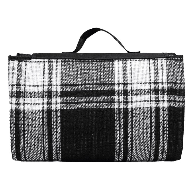 A folded picnic rug featuring a black and white check pattern, with a carrying handle on top.