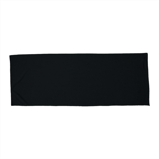 A black fitness towel featuring a logo, ideal for outdoor leisure activities.
