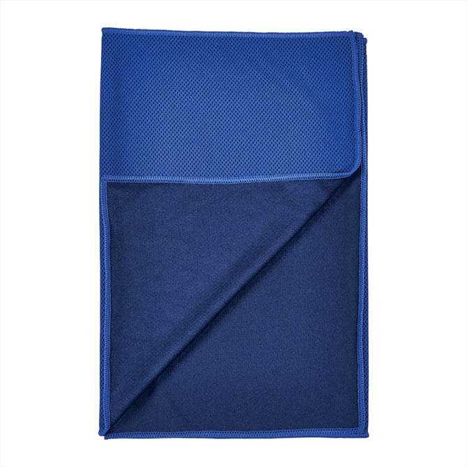 A blue cooling towel with a textured surface on one side and a smooth surface on the other, featuring a logo.