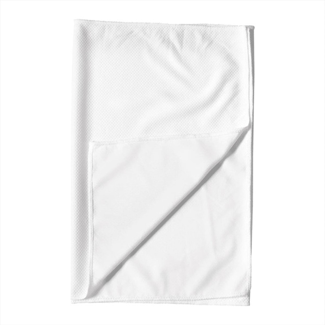 A white fitness towel with a textured surface, featuring an added layer for cooling. It has a logo on one side.