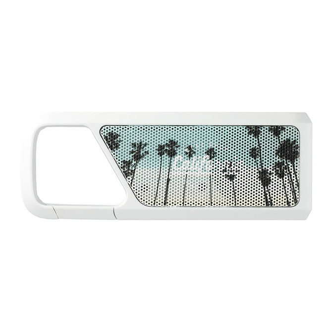 A white Bluetooth speaker featuring a palm tree design on the front and a handle for portability.