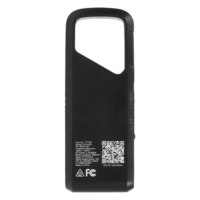 A black Bluetooth speaker with a unique shape and a logo, featuring a QR code and various technical details.