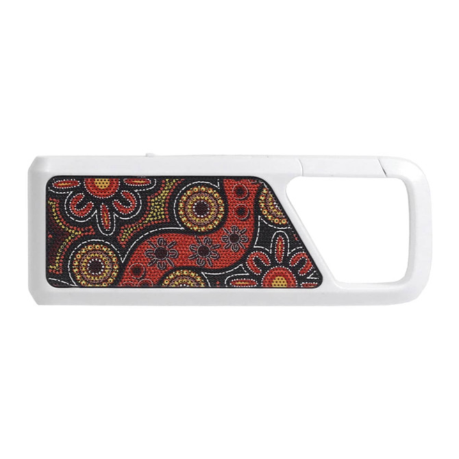 A Bluetooth speaker with a white body featuring a vibrant Indigenous-inspired patterned design in red, yellow, and black.