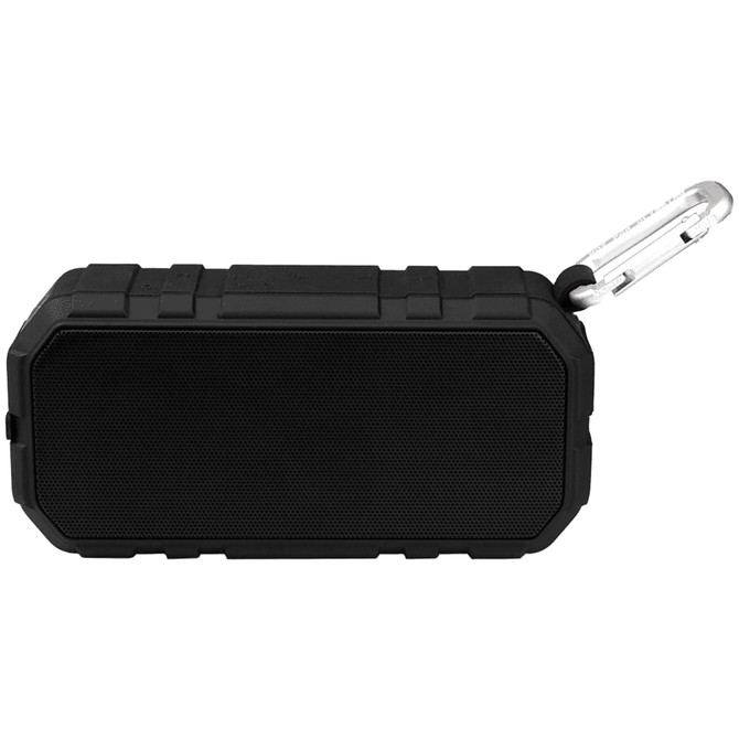 A black outdoor waterproof Bluetooth speaker with a rugged design and a carabiner for easy attachment.