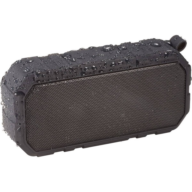 A black waterproof Bluetooth speaker with a textured surface and visible water droplets on it.