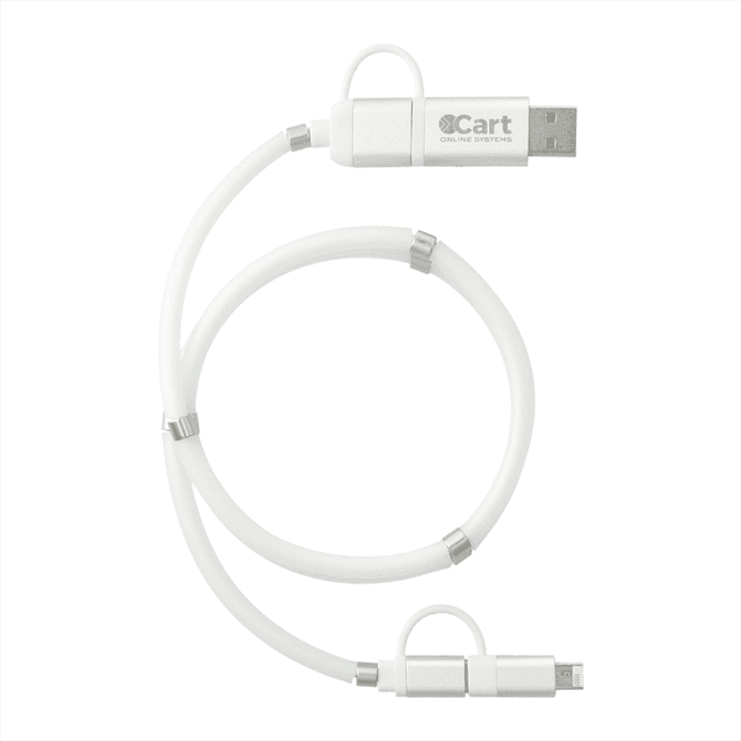 A white 5-in-1 charging cable with a magnetic wrap and a logo, featuring multiple connector types.