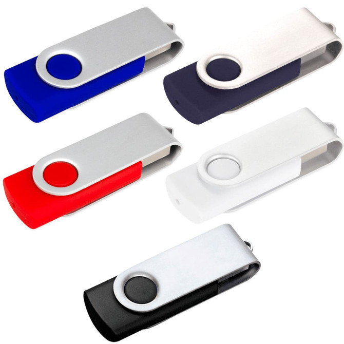 A collection of five Rotate USB flash drives in blue, red, navy, white, and black, each featuring a logo.