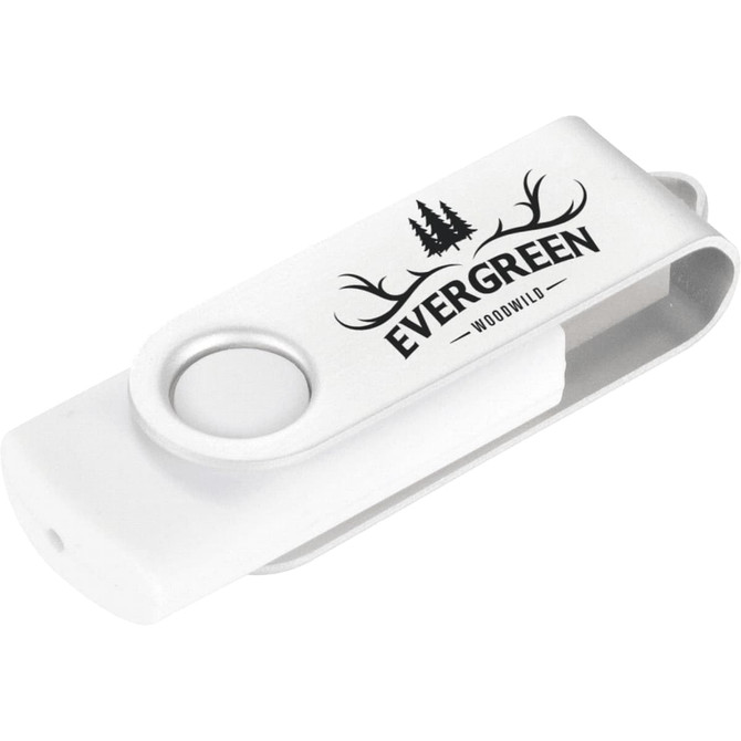 A white USB flash drive with a rotating mechanism and a logo featuring trees and text.