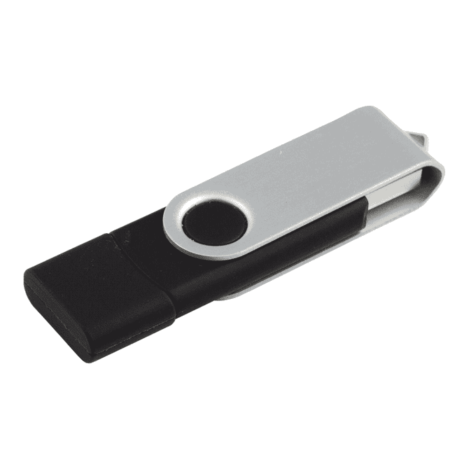 A dual USB flash drive in black and silver, featuring a rotating design and an embedded logo.