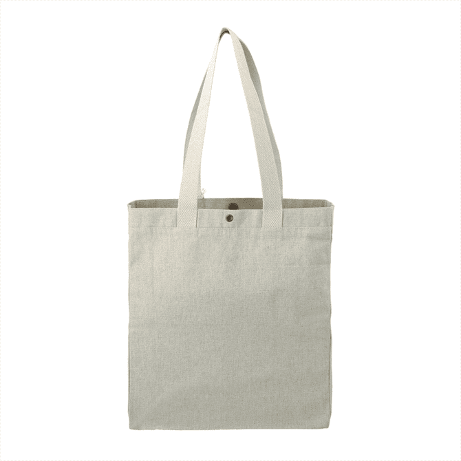 A recycled cotton tote bag in light grey, featuring a snap closure and two sturdy handles. It has a branding logo.
