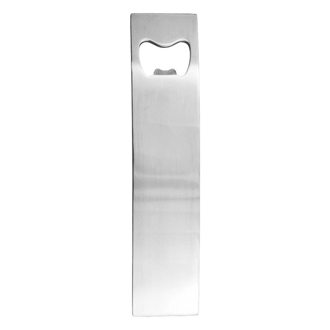 A drink bottle opener, featuring a sleek stainless steel design, with a built-in cap lifter and a logo.