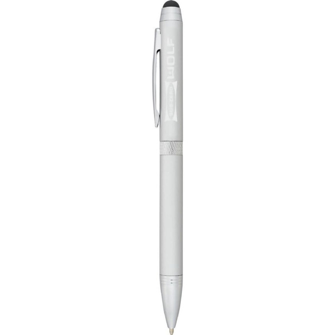 A silver metal stylus pen with a subtle logo, featuring a pointed tip and a rubberised grip.